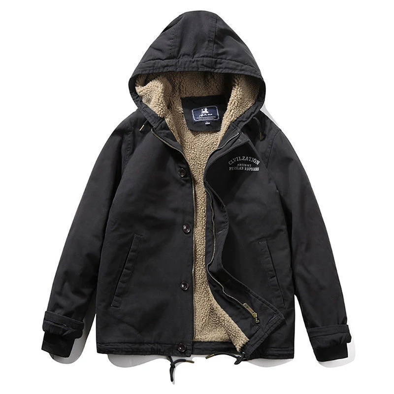 Herren Canvas-Kapuzenjacke mit Sherpa‑Fütterung, verdecktem Zweiwege‑Reißverschluss und Utility‑Details Drune