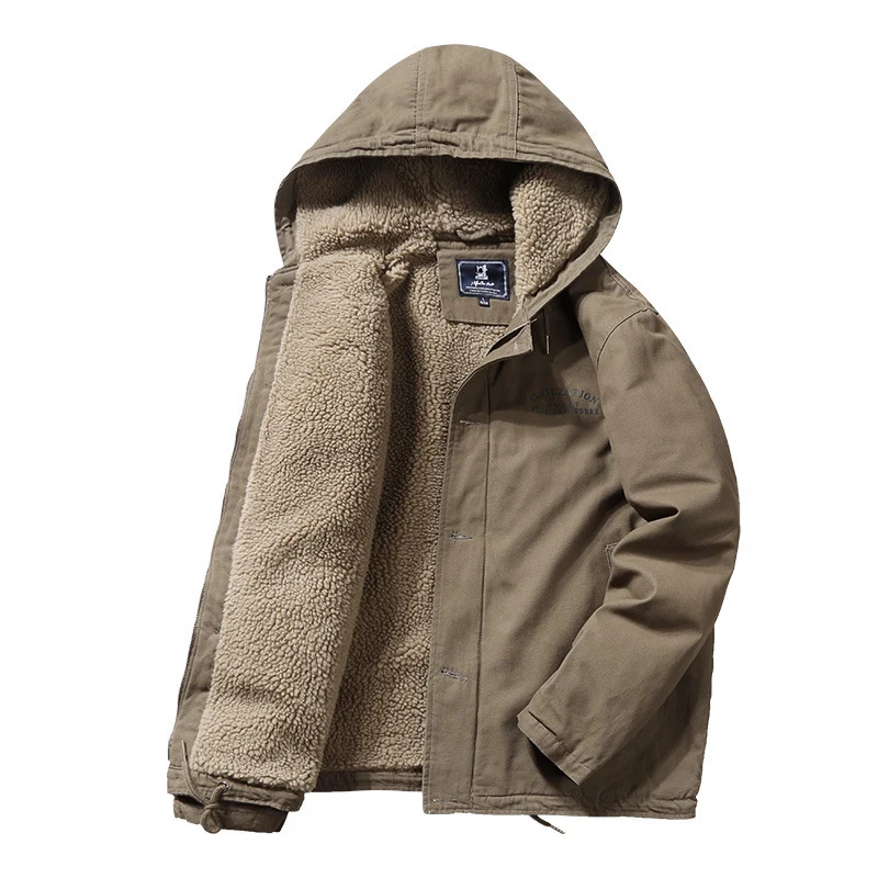 Herren Canvas-Kapuzenjacke mit Sherpa‑Fütterung, verdecktem Zweiwege‑Reißverschluss und Utility‑Details Drune