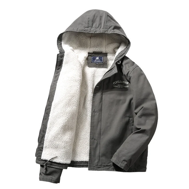 Herren Canvas-Kapuzenjacke mit Sherpa‑Fütterung, verdecktem Zweiwege‑Reißverschluss und Utility‑Details Drune