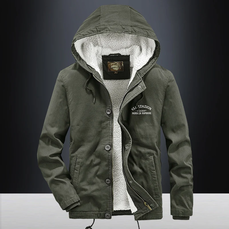 Herren Canvas-Kapuzenjacke mit durchgehendem Teddyfutter, Zwei-Wege-Reißverschluss und Kordzugsaum Drune