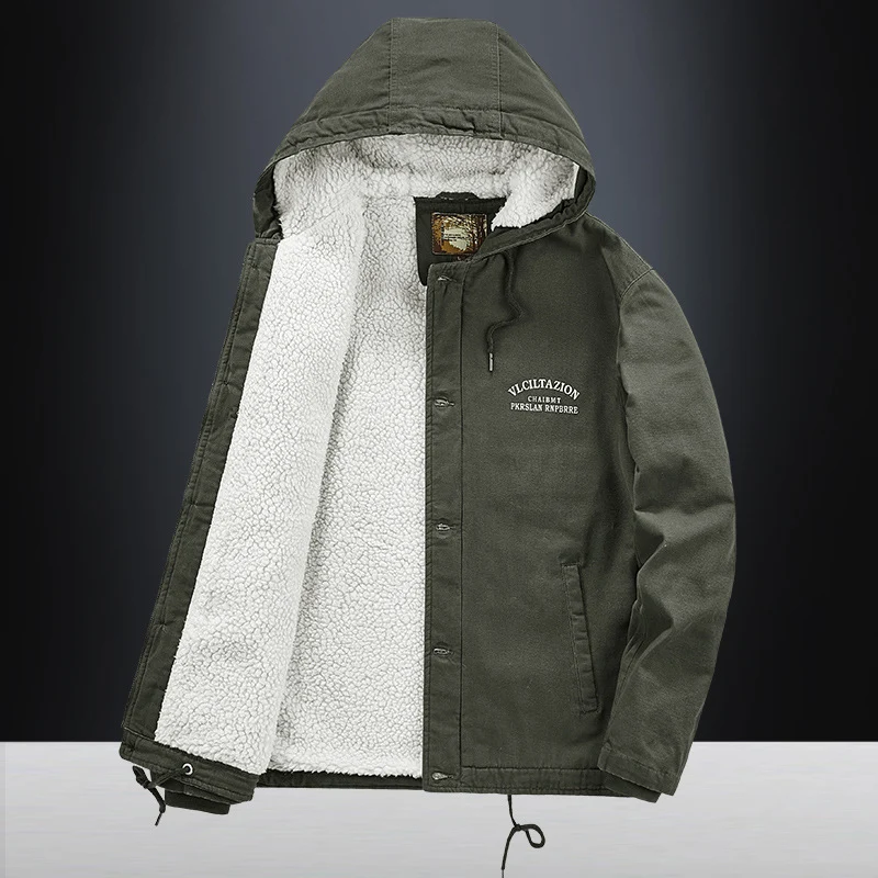 Herren Canvas-Kapuzenjacke mit durchgehendem Teddyfutter, Zwei-Wege-Reißverschluss und Kordzugsaum Drune