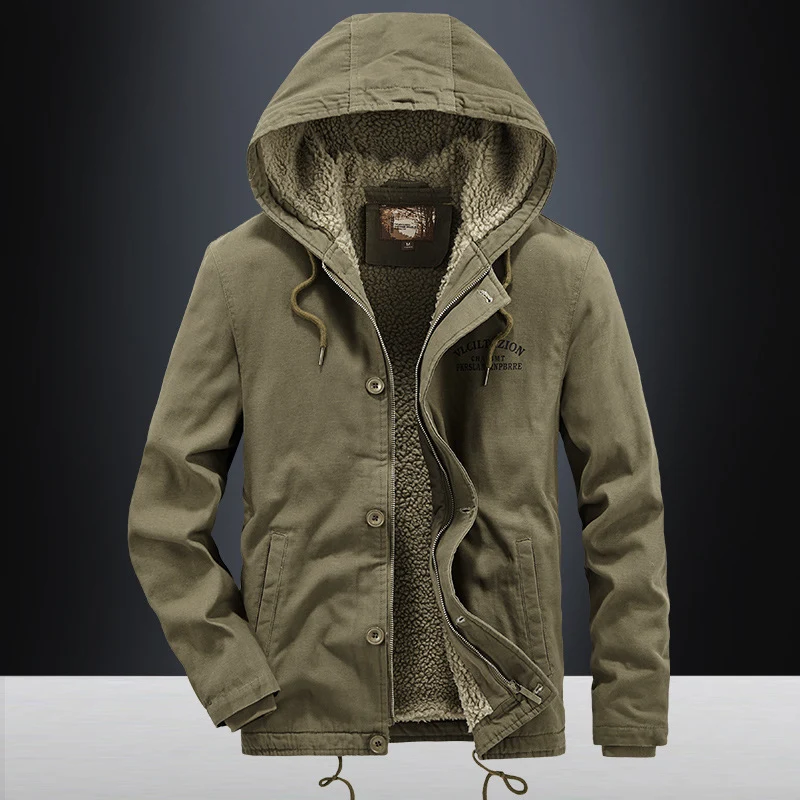 Herren Canvas-Kapuzenjacke mit durchgehendem Teddyfutter, Zwei-Wege-Reißverschluss und Kordzugsaum Drune