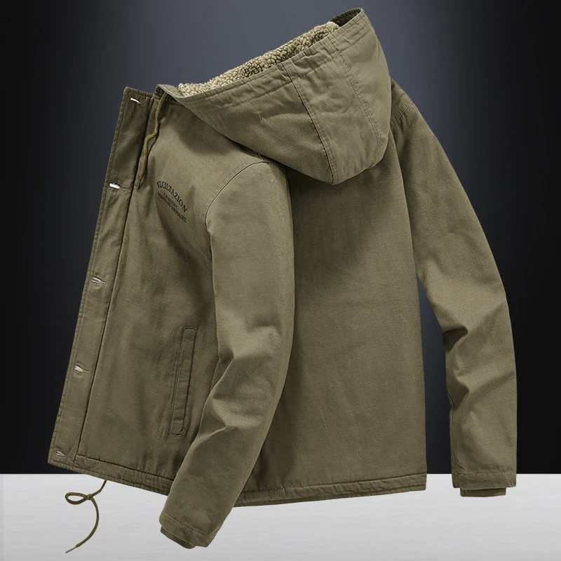 Herren Canvas-Kapuzenjacke mit durchgehendem Teddyfutter, Zwei-Wege-Reißverschluss und Kordzugsaum Drune