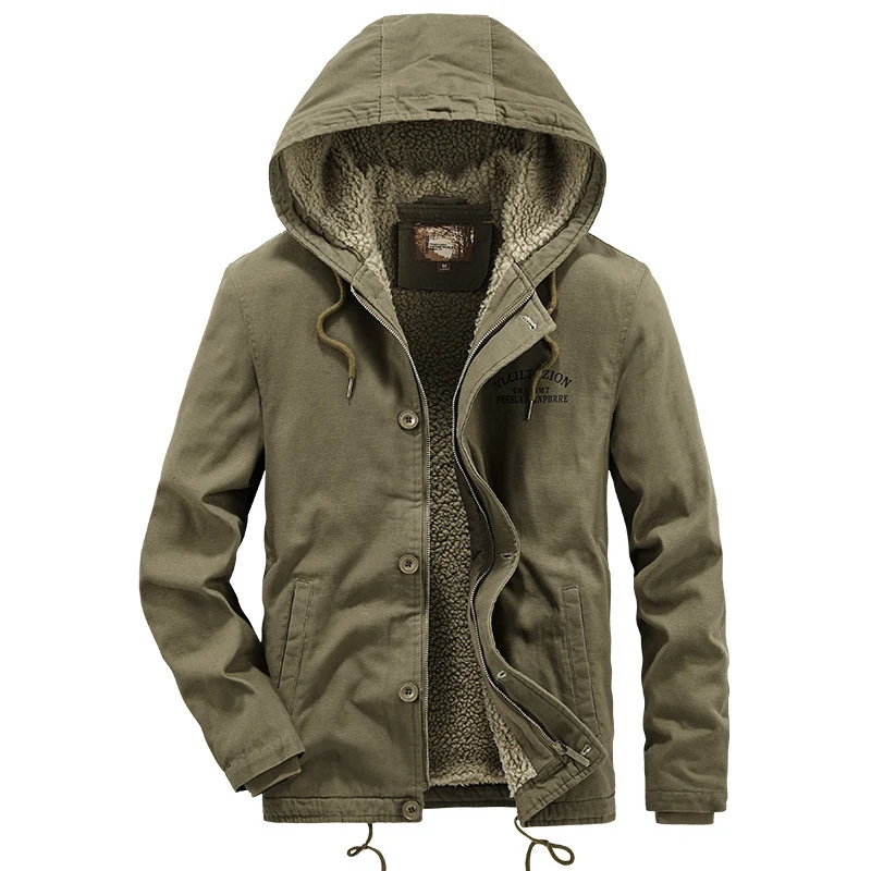 Herren Canvas-Kapuzenjacke mit durchgehendem Teddyfutter, Zwei-Wege-Reißverschluss und Kordzugsaum Drune