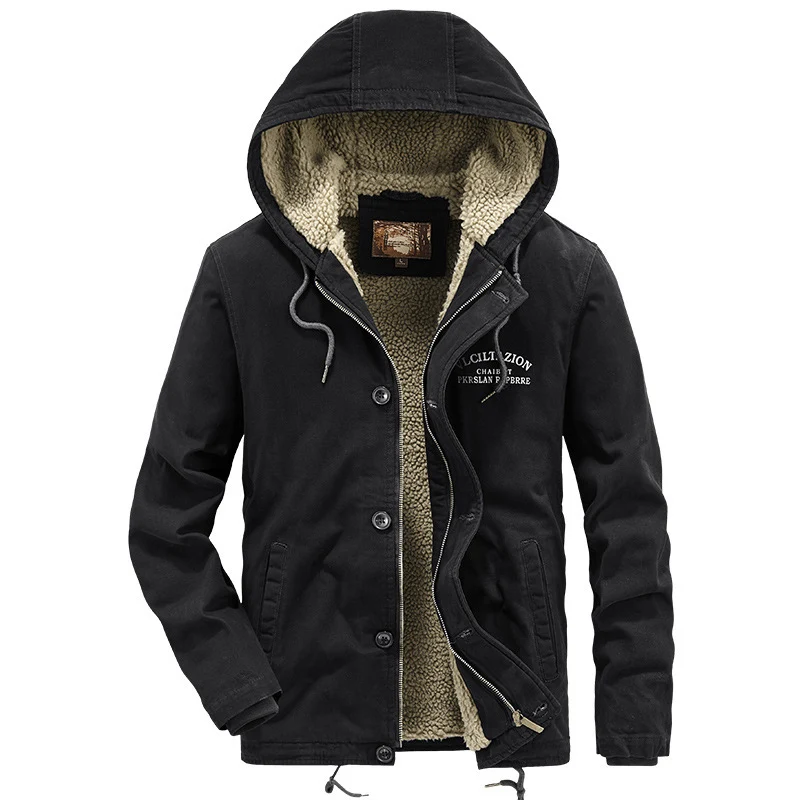 Herren Canvas-Kapuzenjacke mit durchgehendem Teddyfutter, Zwei-Wege-Reißverschluss und Kordzugsaum Drune