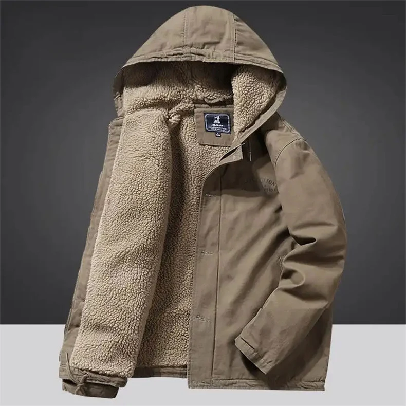 Herren Canvas‑Hoodie‑Parka mit durchgehendem Teddyfleece‑Futter und Kordelzug Drune