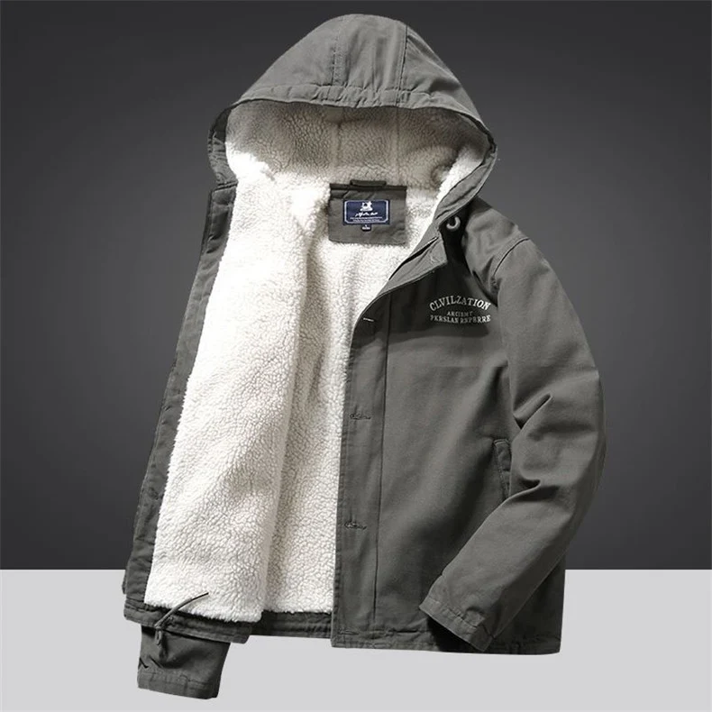 Herren Canvas‑Hoodie‑Parka mit durchgehendem Teddyfleece‑Futter und Kordelzug Drune