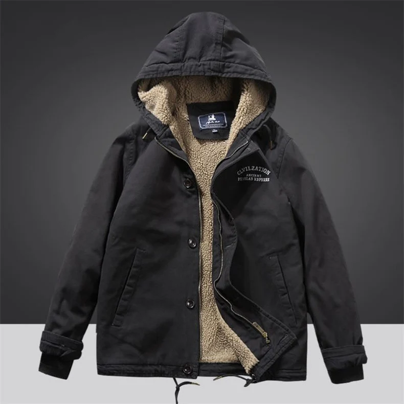 Herren Canvas‑Hoodie‑Parka mit durchgehendem Teddyfleece‑Futter und Kordelzug Drune