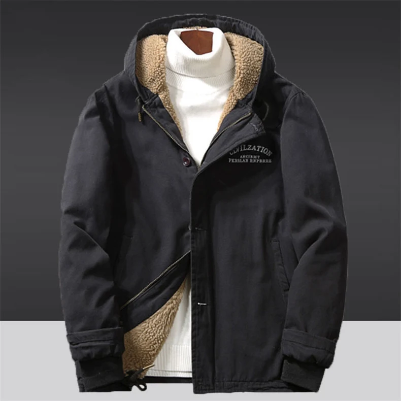 Herren Canvas‑Hoodie‑Parka mit durchgehendem Teddyfleece‑Futter und Kordelzug Drune