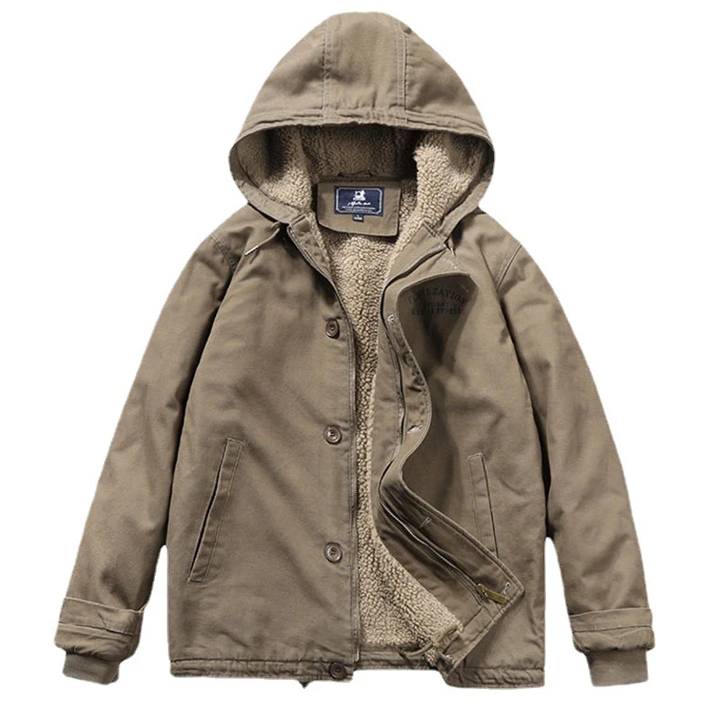 Herren Canvas‑Hoodie‑Parka mit durchgehendem Teddyfleece‑Futter und Kordelzug Drune