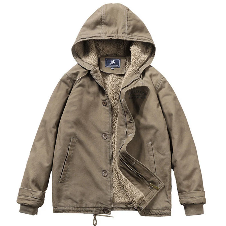 Herren Canvas‑Hoodie‑Parka mit durchgehendem Teddyfleece‑Futter und Kordelzug Drune