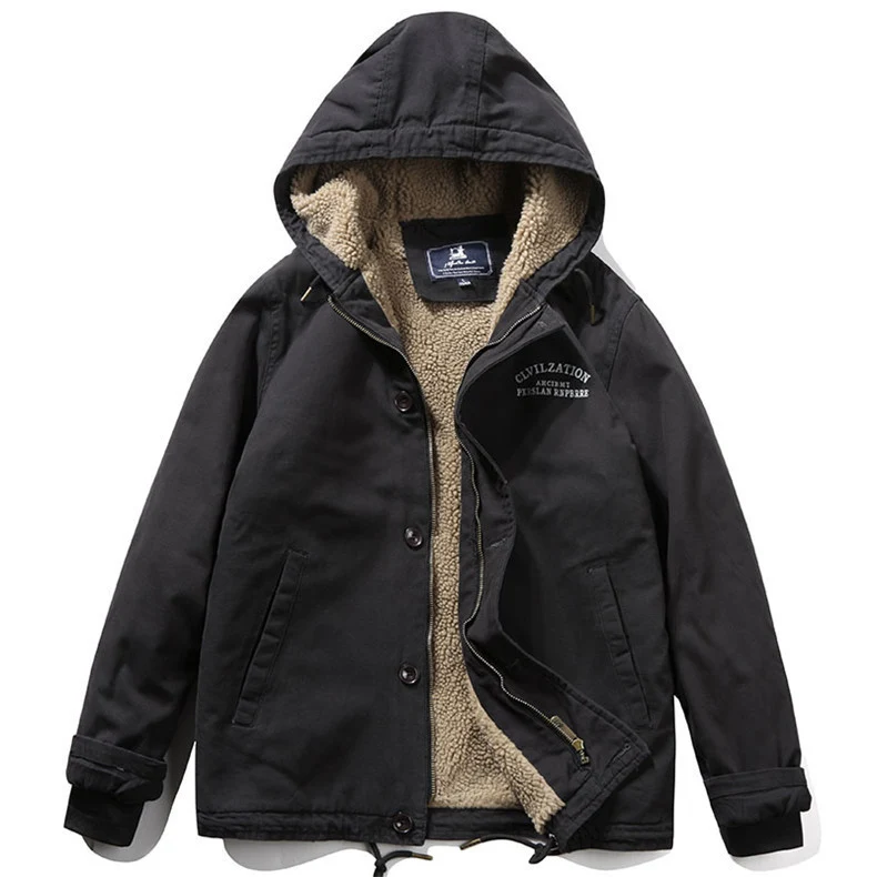 Herren Canvas‑Hoodie‑Parka mit durchgehendem Teddyfleece‑Futter und Kordelzug Drune
