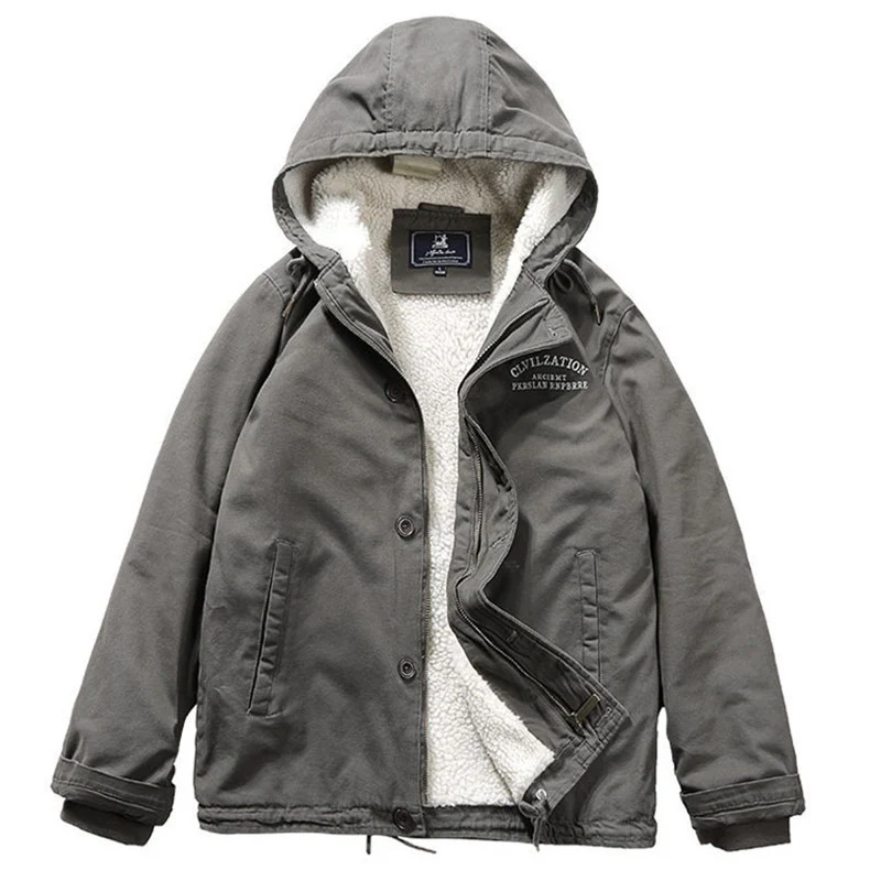Herren Canvas‑Hoodie‑Parka mit durchgehendem Teddyfleece‑Futter und Kordelzug Drune