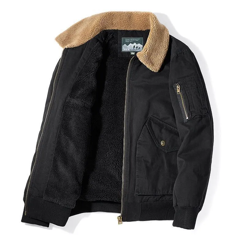 Herren Canvas-Fliegerblouson mit Sherpa-Innenfutter, Teddykragen und Utility‑Taschen Drune