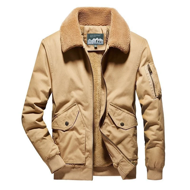 Herren Canvas-Fliegerblouson mit Sherpa-Innenfutter, Teddykragen und Utility‑Taschen Drune