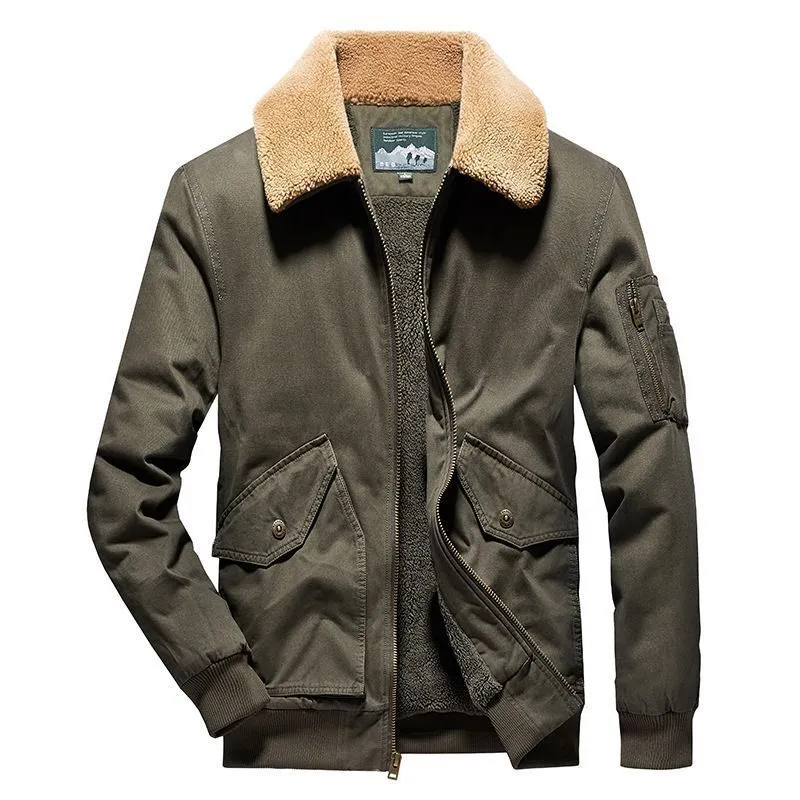 Herren Canvas-Fliegerblouson mit Sherpa-Innenfutter, Teddykragen und Utility‑Taschen Drune