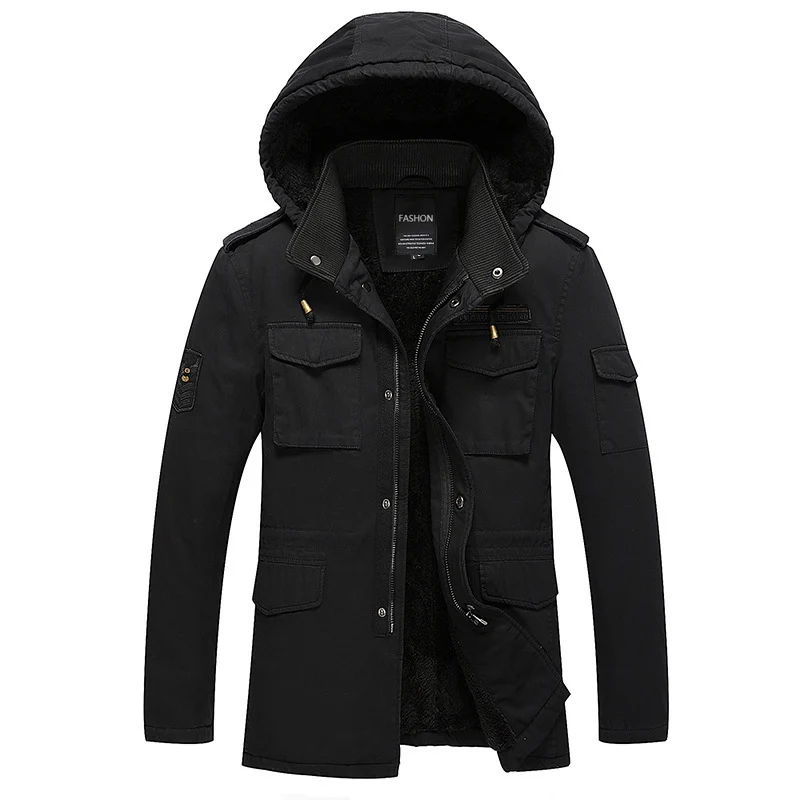 Herren Canvas-Fieldparka mit warmem Teddyfleece-Innenfutter, Kapuze und Mehrfach-Taschen Drune