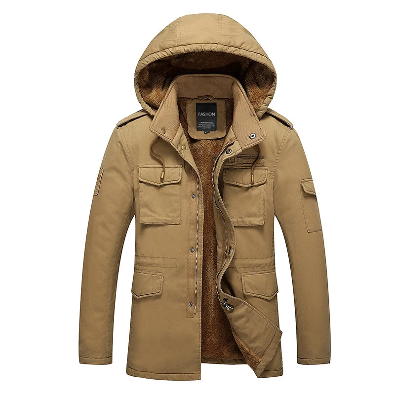 Herren Canvas-Fieldparka mit warmem Teddyfleece-Innenfutter, Kapuze und Mehrfach-Taschen Drune