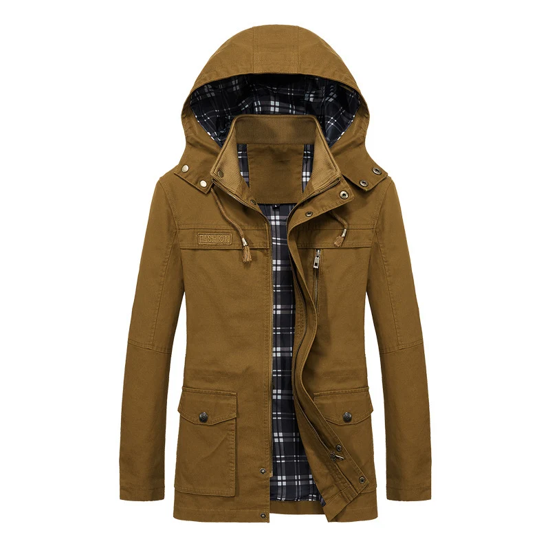Herren Canvas-Fieldparka mit Kapuze, kariertem Innenfutter und Multifunktionstaschen Drune