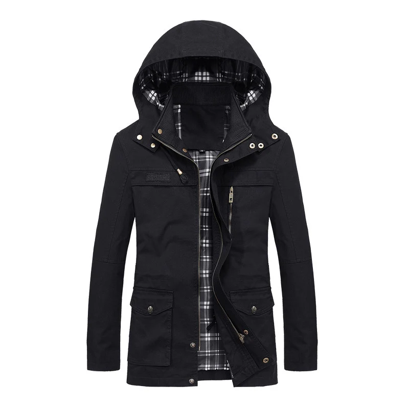 Herren Canvas-Fieldparka mit Kapuze, kariertem Innenfutter und Multifunktionstaschen Drune