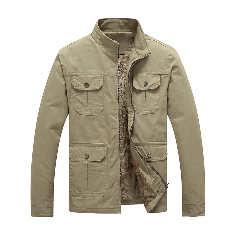 Herren Canvas-Fieldjacke mit Kunstfell-Innenfutter, Utility-Taschen und Stehkragen Drune