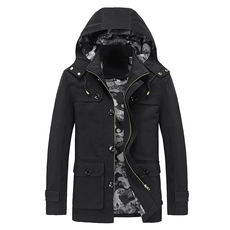 Herren Canvas-Fieldjacke mit Kapuze, multifunktionalen Taschen und Camouflage-Futter Drune