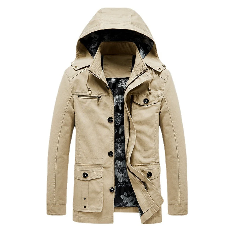 Herren Canvas-Fieldjacke mit Kapuze, multifunktionalen Taschen und Camouflage-Futter Drune