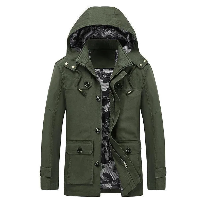 Herren Canvas-Fieldjacke mit Kapuze, multifunktionalen Taschen und Camouflage-Futter Drune