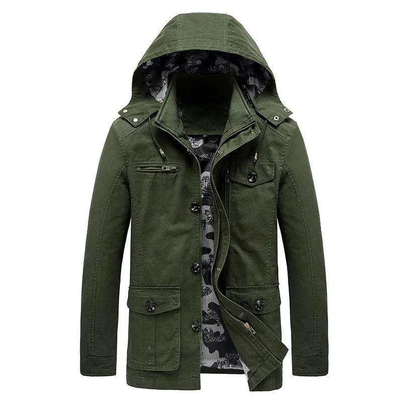 Herren Canvas-Fieldjacke mit Kapuze, multifunktionalen Taschen und Camouflage-Futter Drune