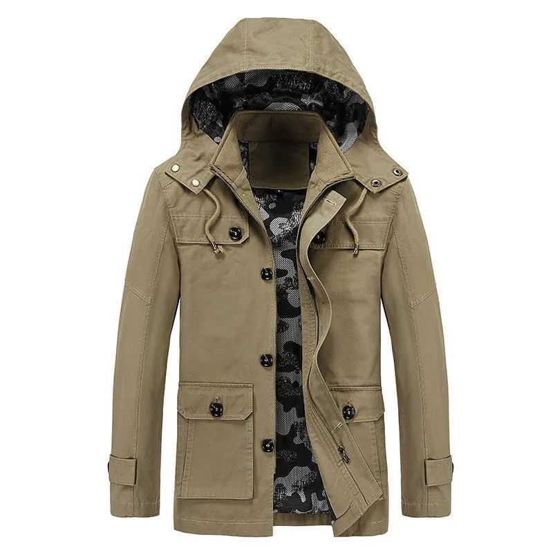 Herren Canvas-Fieldjacke mit Kapuze, multifunktionalen Taschen und Camouflage-Futter Drune