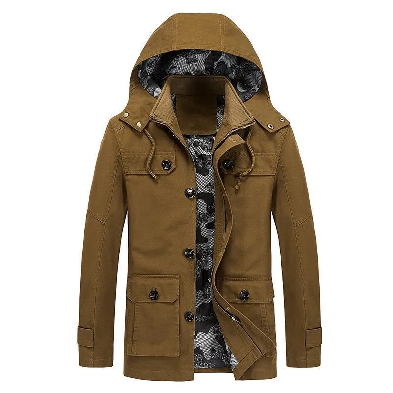 Herren Canvas-Fieldjacke mit Kapuze, multifunktionalen Taschen und Camouflage-Futter Drune