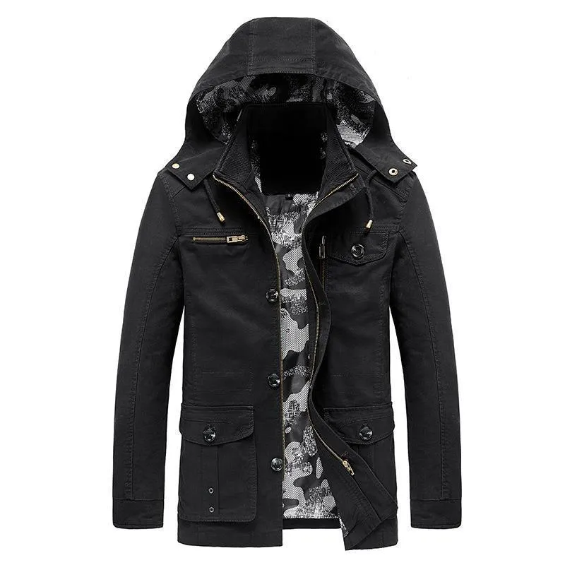 Herren Canvas-Fieldjacke mit Kapuze, multifunktionalen Taschen und Camouflage-Futter Drune