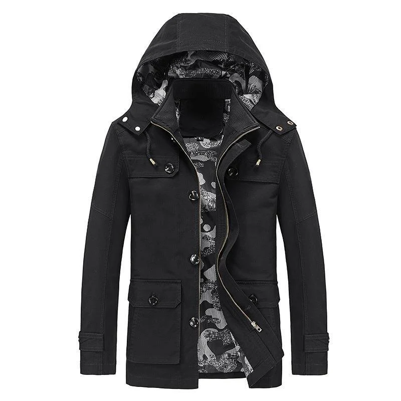 Herren Canvas-Fieldjacke mit Kapuze, multifunktionalen Taschen und Camouflage-Futter Drune