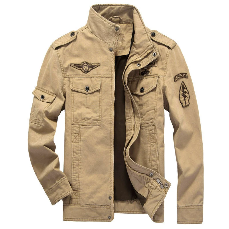 Herren Canvas-Fieldjacke im Pilotenstil mit Stehkragen, Utility-Taschen und Abzeichenapplikationen Drune
