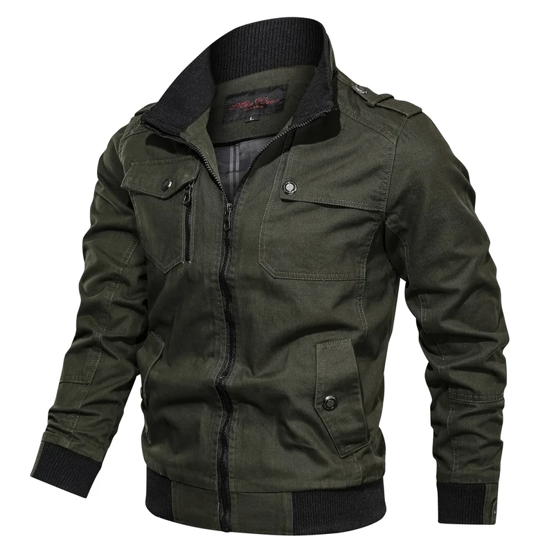 Herren Canvas-Fieldbomberjacke mit Rippenkragen, Schulterpatten und Multifachtaschen Drune