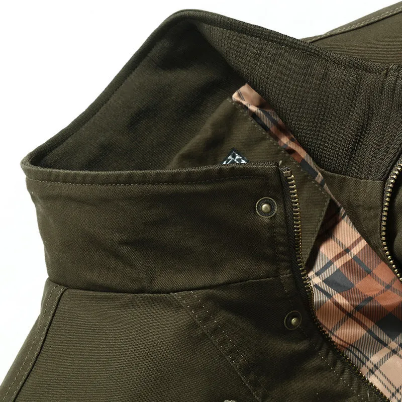 Herren Canvas-Fieldblouson im Pilotencut mit kariertem Innenfutter, Stehkragen und Rippbündchen Drune