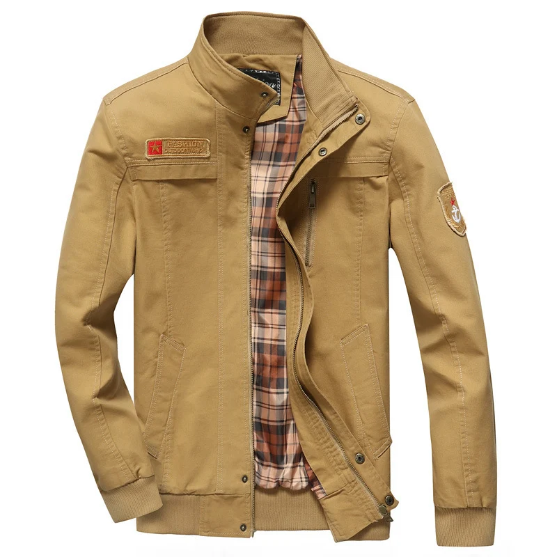 Herren Canvas-Fieldblouson im Pilotencut mit kariertem Innenfutter, Stehkragen und Rippbündchen Drune