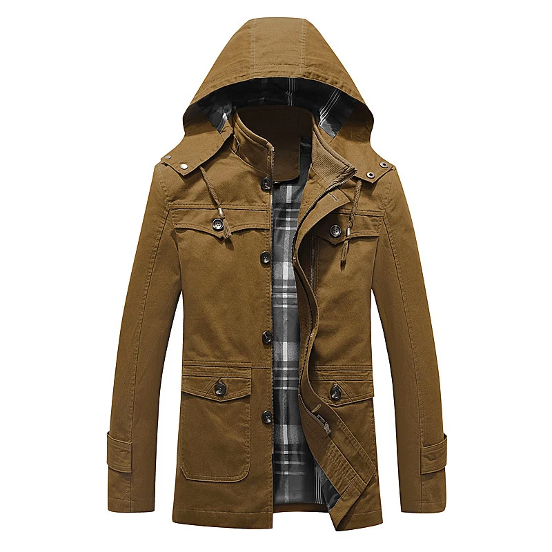 Herren Canvas-Feldparka mit karierter Innenfütterung, Kapuze und Multifunktionstaschen Drune
