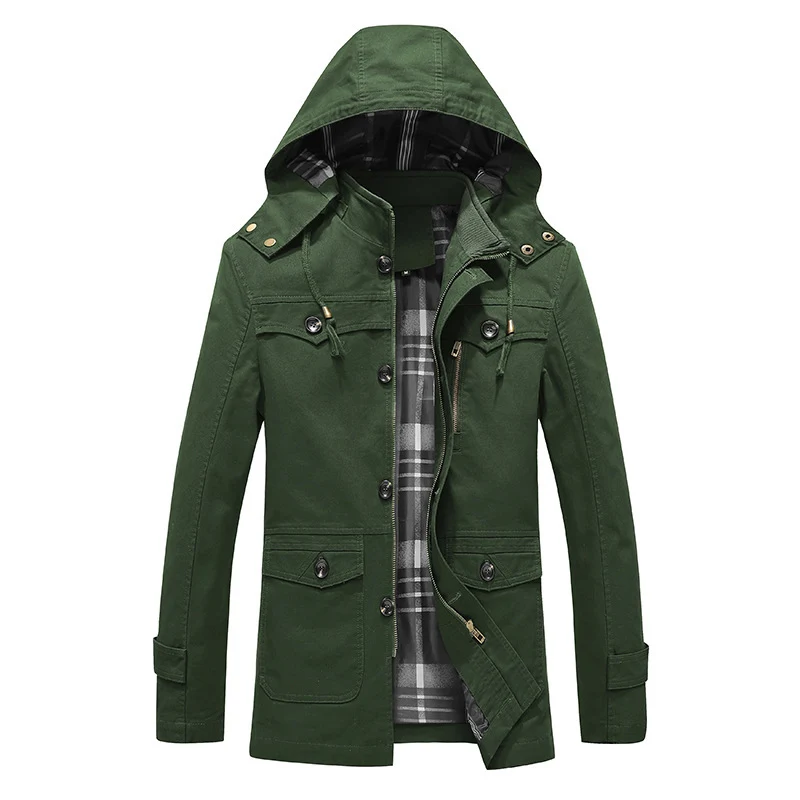 Herren Canvas-Feldparka mit karierter Innenfütterung, Kapuze und Multifunktionstaschen Drune