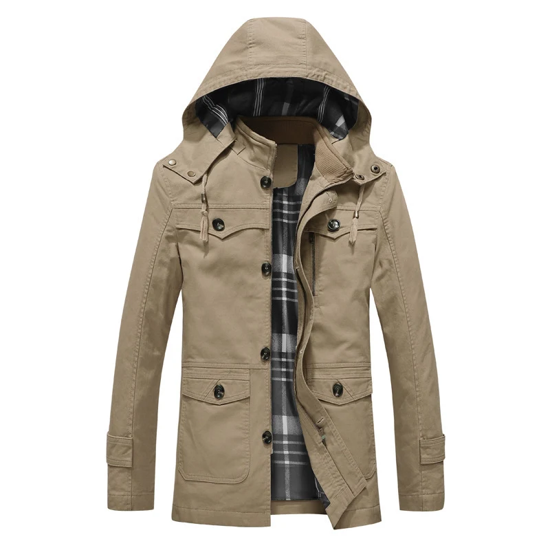 Herren Canvas-Feldparka mit karierter Innenfütterung, Kapuze und Multifunktionstaschen Drune