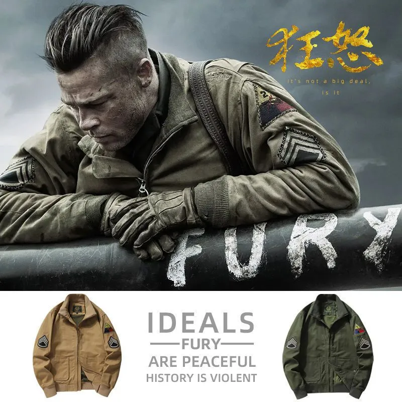 Herren Canvas‑Bomberjacke im Worker‑Blousonstil mit Abzeichen‑Patches und geripptem Kragen Drune