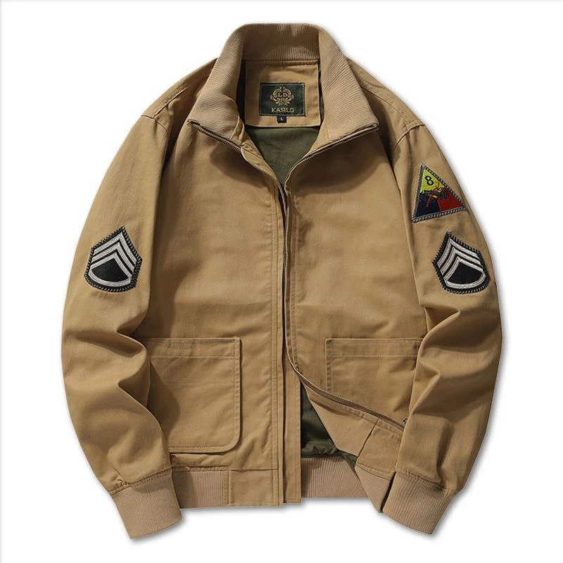 Herren Canvas‑Bomberjacke im Worker‑Blousonstil mit Abzeichen‑Patches und geripptem Kragen Drune
