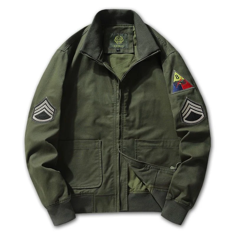 Herren Canvas‑Bomberjacke im Worker‑Blousonstil mit Abzeichen‑Patches und geripptem Kragen Drune
