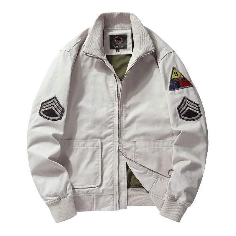 Herren Canvas‑Bomberjacke im Worker‑Blousonstil mit Abzeichen‑Patches und geripptem Kragen Drune