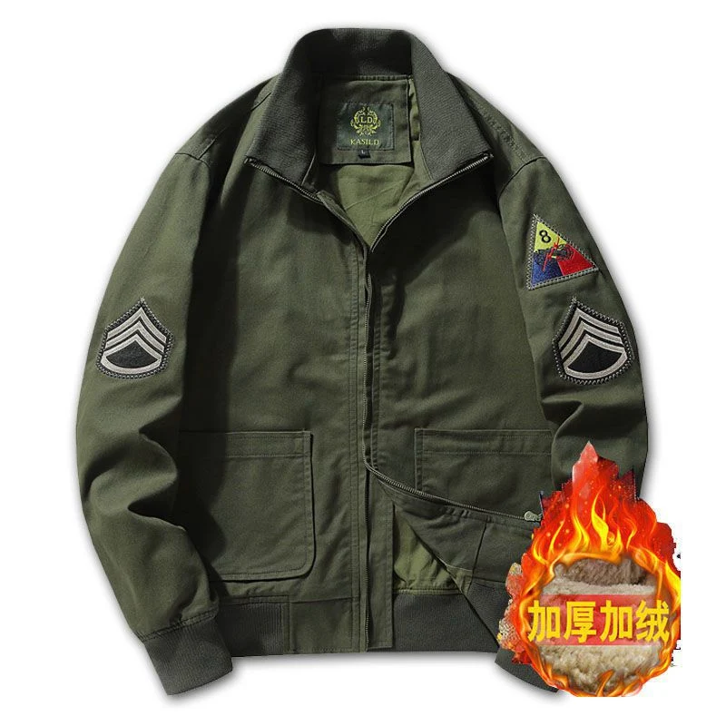 Herren Canvas‑Bomberjacke im Worker‑Blousonstil mit Abzeichen‑Patches und geripptem Kragen Drune