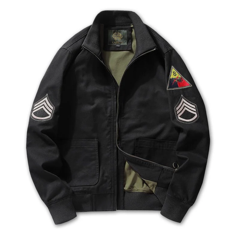 Herren Canvas‑Bomberjacke im Worker‑Blousonstil mit Abzeichen‑Patches und geripptem Kragen Drune