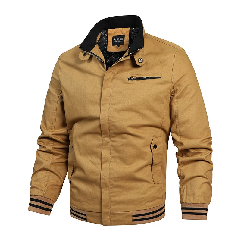 Herren Canvas-Bomberjacke im Retro-Pilotencut mit gestepptem Kragen und gestreiften Rippbündchen Drune