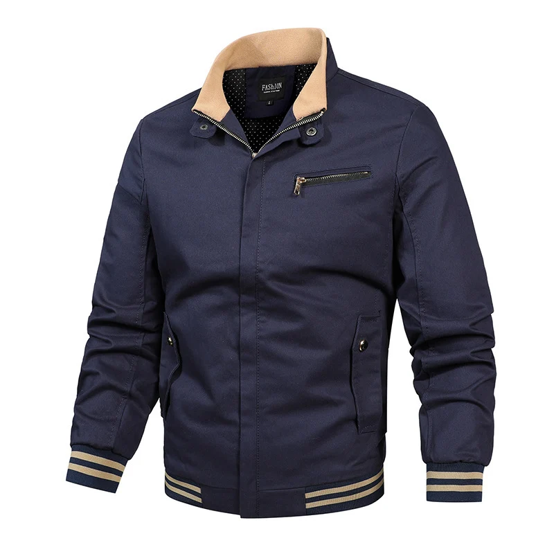 Herren Canvas-Bomberjacke im Retro-Pilotencut mit gestepptem Kragen und gestreiften Rippbündchen Drune