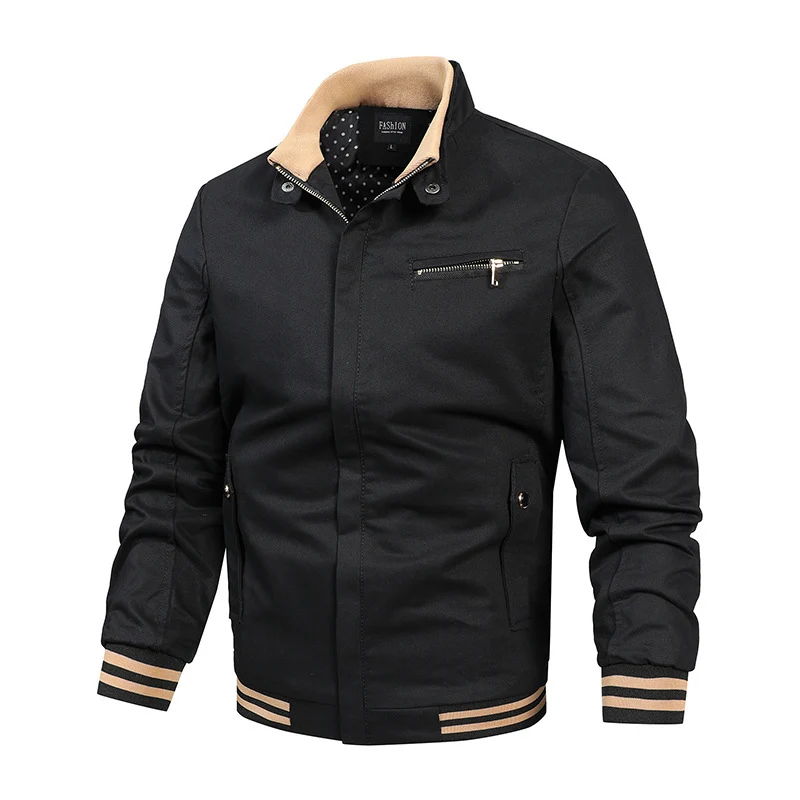 Herren Canvas-Bomberjacke im Retro-Pilotencut mit gestepptem Kragen und gestreiften Rippbündchen Drune