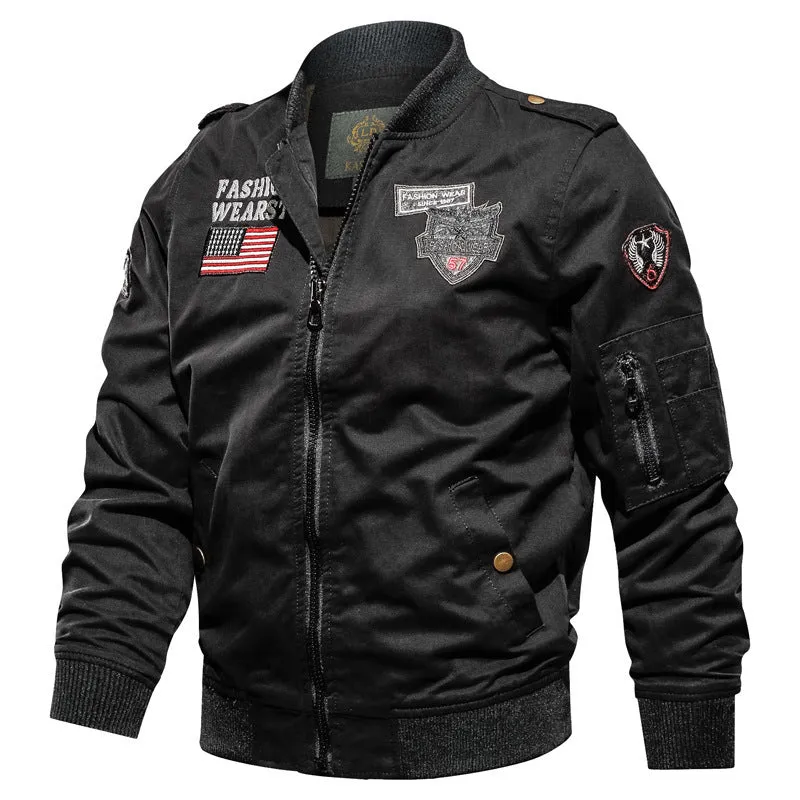 Herren Canvas-Bomberjacke im Pilotenstil mit Patch‑Applikationen und Utility-Taschen Drune